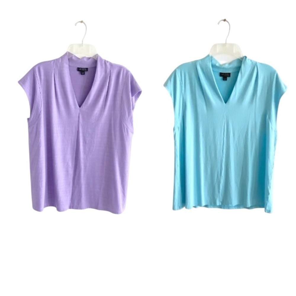 Lot 2 J. Jill Wearever V-Neck Tops Blue Purple Short Sleeve Viscose Stretch M